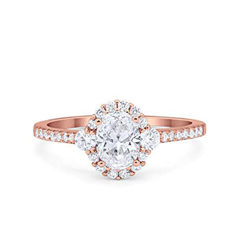 Oval Engagement Ring Round Rose Tone, Simulated CZ 925 Sterling Silver